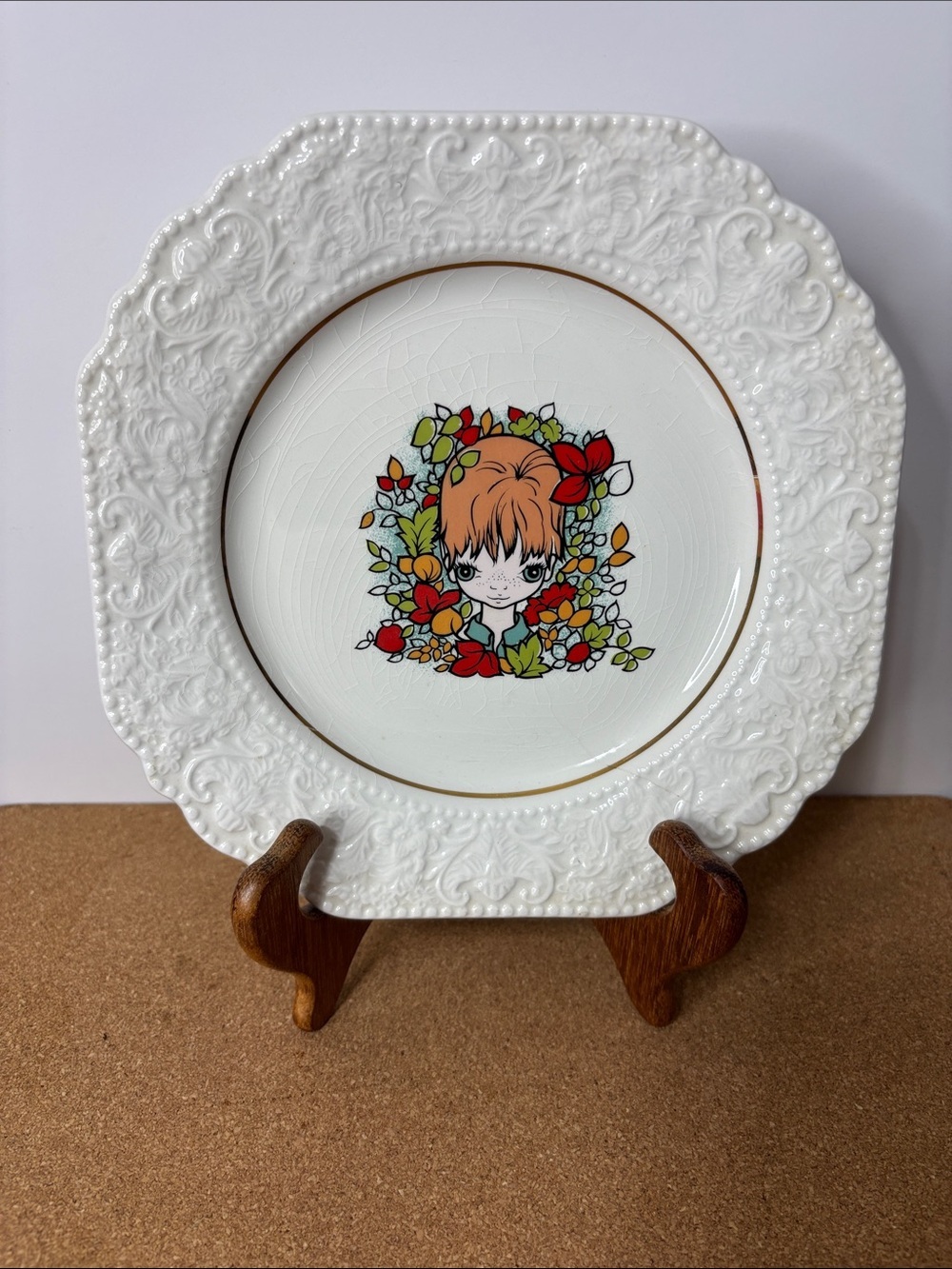 Lord Nelson Pottery Pixie 8.5” Square Plate Floral Border Big Eyes Decorative